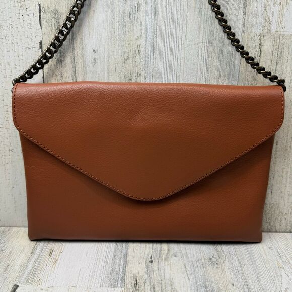 J. Crew Leather Envelope Clutch or Shoulder Bag Brown Antique Gold-Tone Chain - Picture 2 of 9
